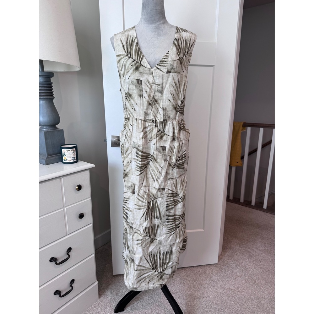 Poetry Womens 100% Linen Palm Leaf Print V-Neck Midi Dress Button Cream Sz 14